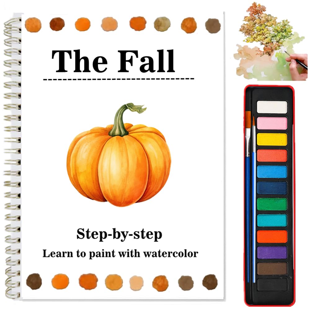 Watercolor Workbooks Coloring Book Easy Nature Scenes Beginner Friendly Watercolor Painting Set Art Crafts Painting Kit for Creative Exploration Gift for Beginners Adults (The Fall, with Palette)