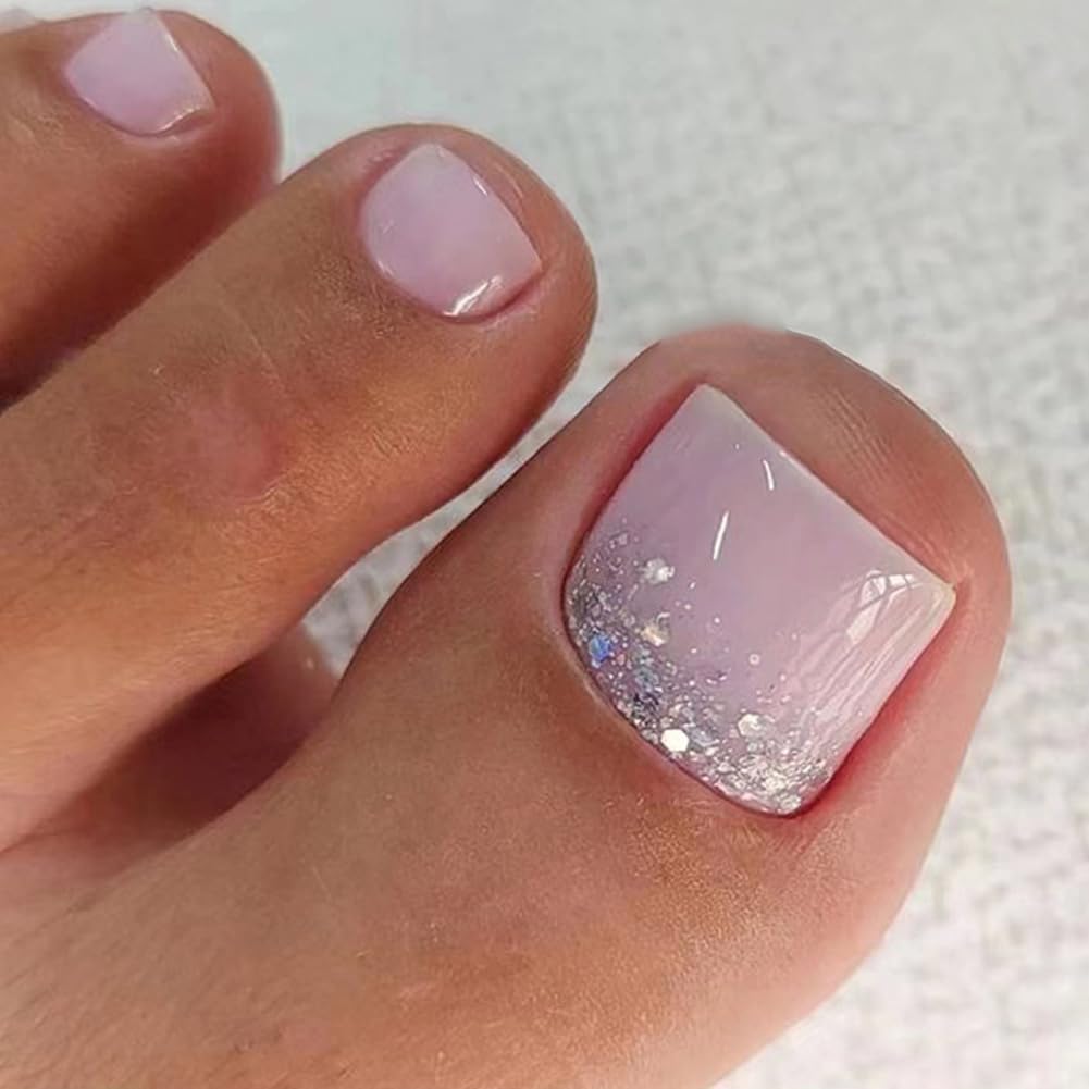 RUPOFUZA Press on Toenails Fake Toe Nails,Short Toe Nail Press ons,Glossy Toe Nails Press on with Glitter Designs,Toenail Press on nails Lilac