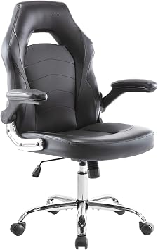 ZUNMOS Home Gaming Ergonomic Office Flip-up Armrest and Height Adjustable Desk Splicing PU Leather Computer Chair with Lumbar Support, Black 3959-BKZ6