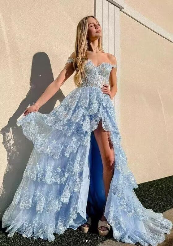 Tiered Tulle Prom Dresses 2025 Long Lace Appliques Off Shoulder Formal Party Gowns with Slit4