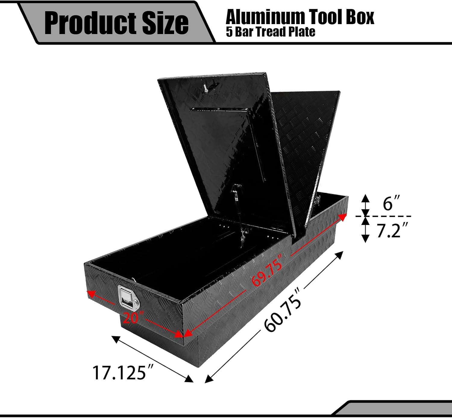 70 Inch Truck Tool Box Gull Wing Crossover Aluminum Black Pickup Truck Bed Storage, Waterproof Side Truck Box with Lock and Key for RVs, ATVs, Trailer & Truck (70"x20"x13")