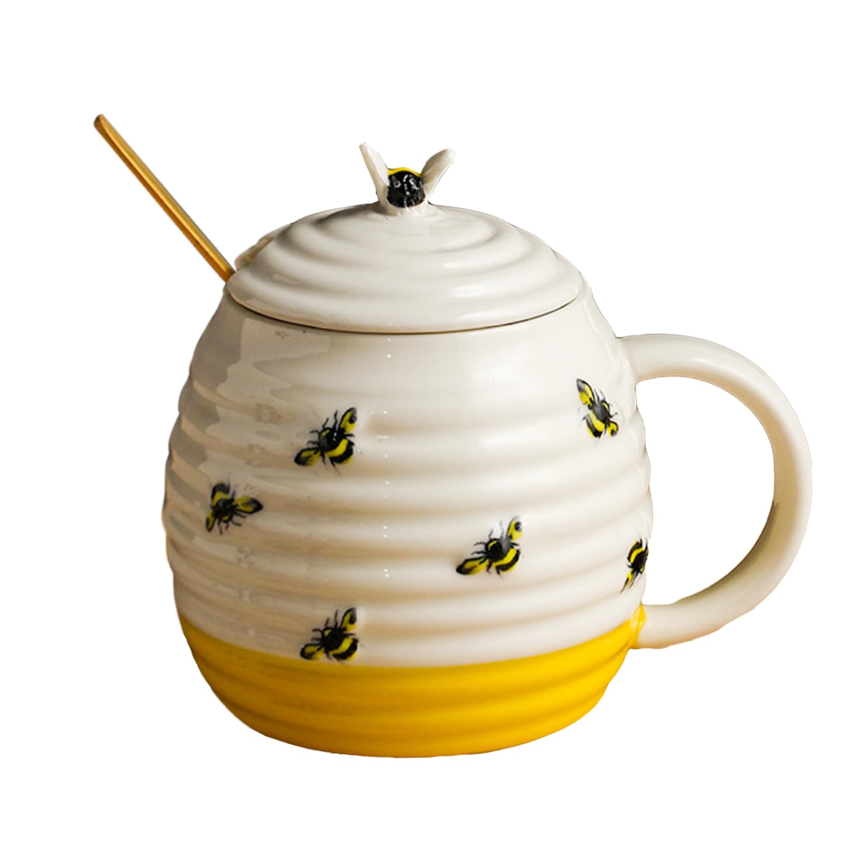 Taza de abeja de cerámica de 350 ml con tapa y cuchara para desayunos