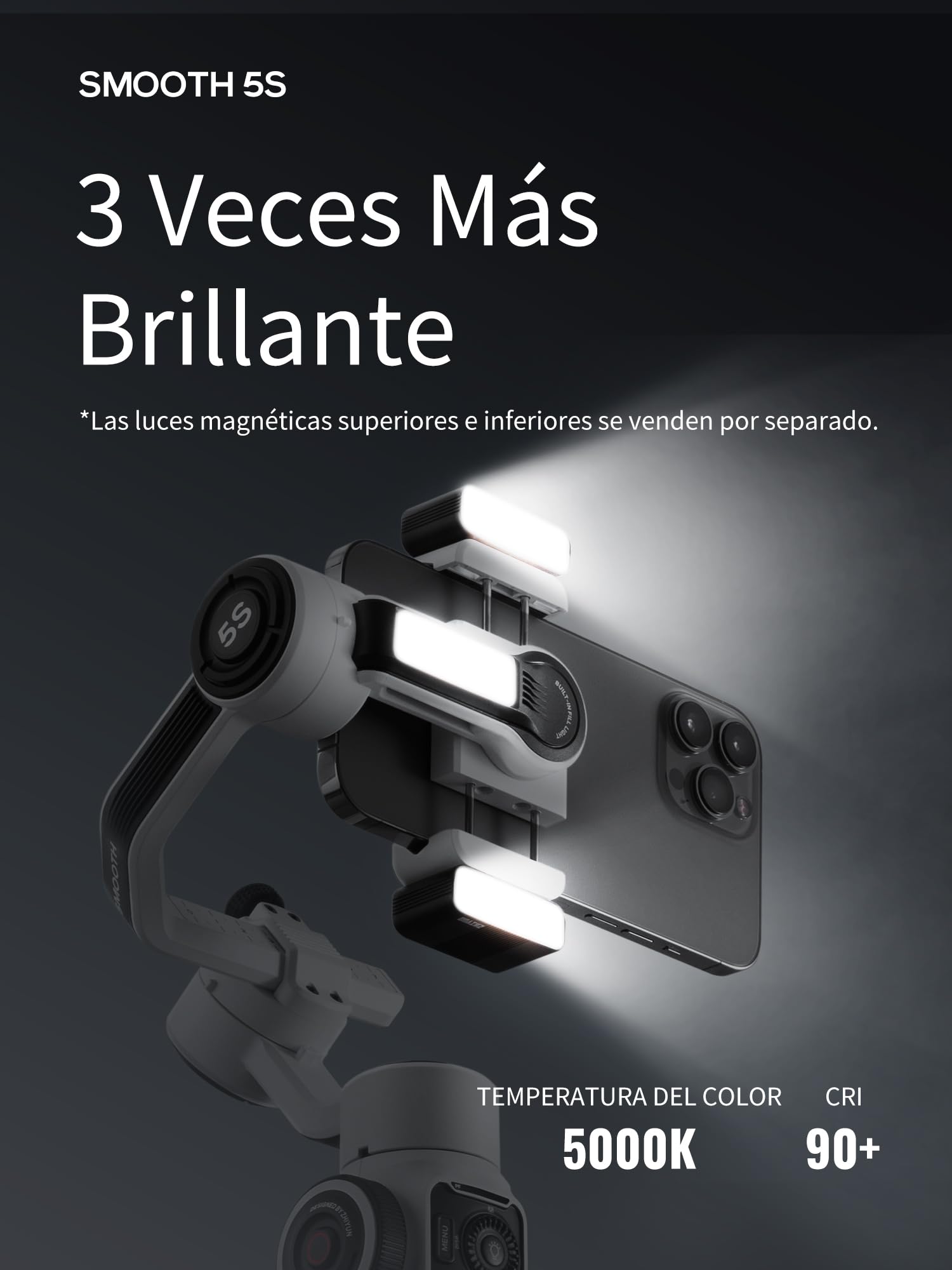 ZHIYUN Smooth-5S Combo [Official] Estabilizador de cardán iPhone de 3 Ejes con Luces magnéticas, cardán para Smartphone con trípode, estabilizador de teléfono móvil para FilmIC Pro, Vlog,