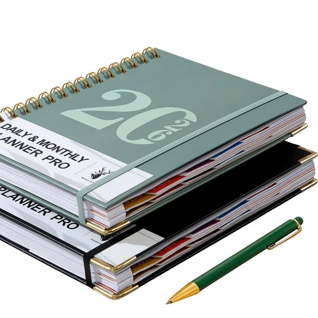 Agenda 2026, 400 pagine, adatta per pianificazione settimanale e mensile di 365 giorni, con adesivi, rilegatura a doppia cucitura, tasca integrata, include strumenti di gestione del tempo, strategie