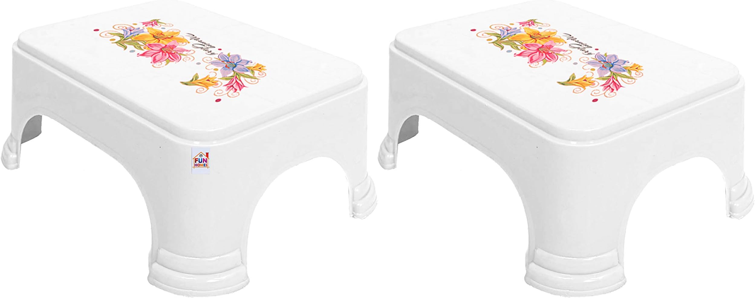 Floral Print 2 Pieces Plastic Bathroom Stool, White
