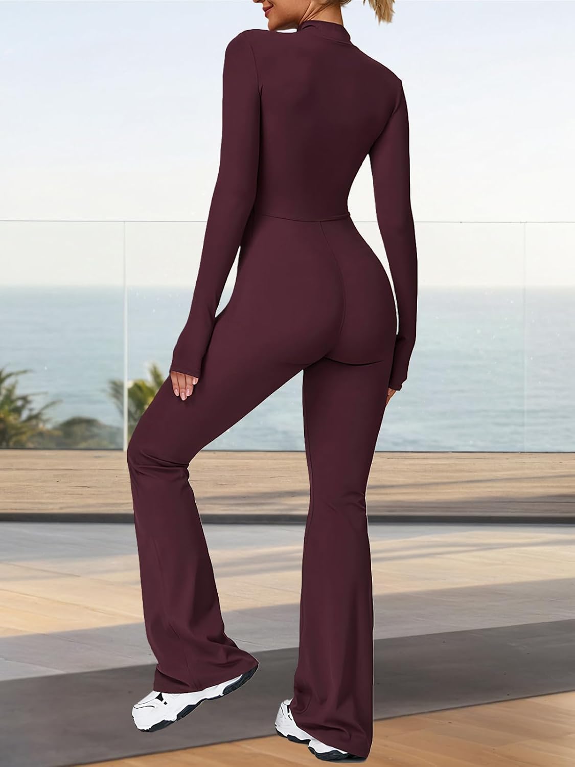 ECUPPER Women Long Sleeve Flared Jumpsuit Zip Up Romper One Piece Full Bodysuits Yoga Unitard Wide Leg Sexy Catsuit - Image 2