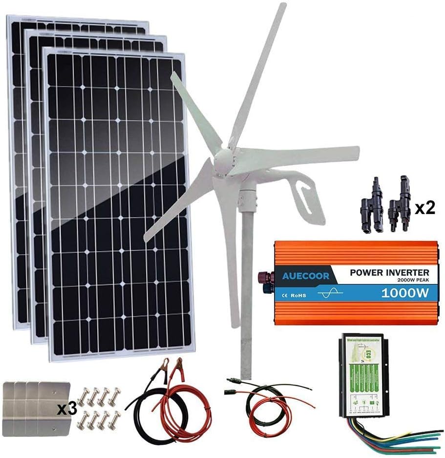 AUECOOR 700W 12V /24V Solar Wind Turbine Generator Kit: 1pc 400 Watt Wind Turbine + 3pcs 100W Mono Solar Panel for Home, Cabin, Farm, Off Grid Application