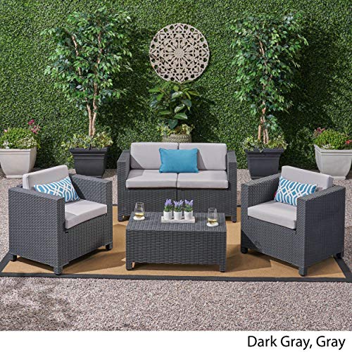 Christopher Knight Home Waverly All Weather Faux Wicker 4 Seater Chat Set With Cushions, Dark Grey, Grey #TOP2