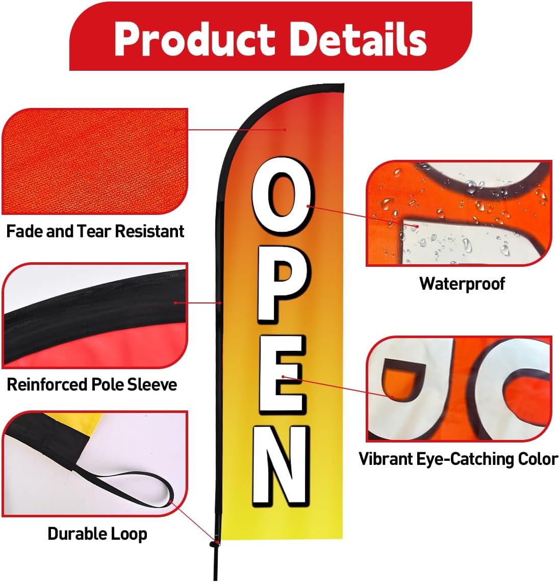 Open Feather Flag, 8.2ft Open flag for Business with Aluminum Pole and Ground Stake, Commercial Open Sign for Outside Business Swooper Flag Advertisng Feather Banner - Image 5
