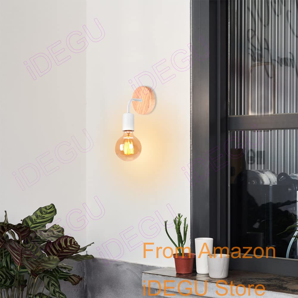 iDEGU Lot de 2 Appliques Murale Interieur Lampes Murale en Métal et Bois E27 Éclairage Mural pour Chambre, Salle de Bains (Support Bois - Blanc)