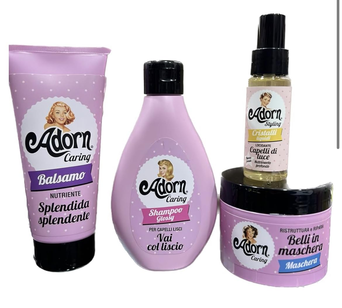 Almaprof shop ADORN set COMPLETE capelli LISCI SHAMPOO GLOSSY LISCI + BALSAMO NUTRIENTE+ MASCHERA RISTRUTTURANTE +CRISTALLI LIQUIDI per un liscio perfetto anti crespo