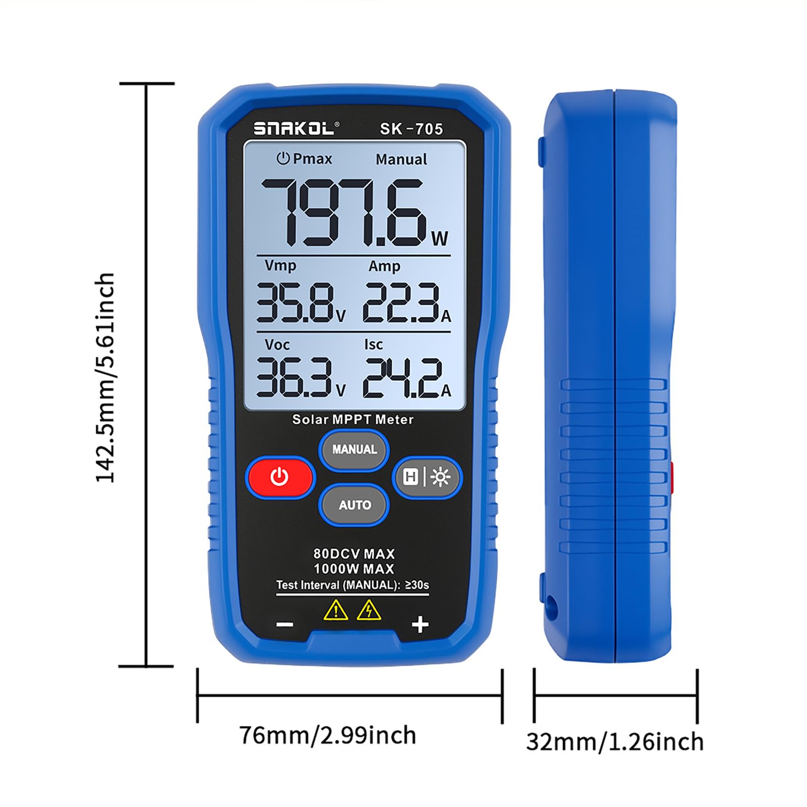 SK-705 Tester MPPT Solare per Moduli Fotovoltaici – 1000 W, Max 80 V DC, 35 A, Misurazione Automatica e Manuale, Voc Isc Vmp Pmax, Display LCD da 3,2", Tester FV Portatile