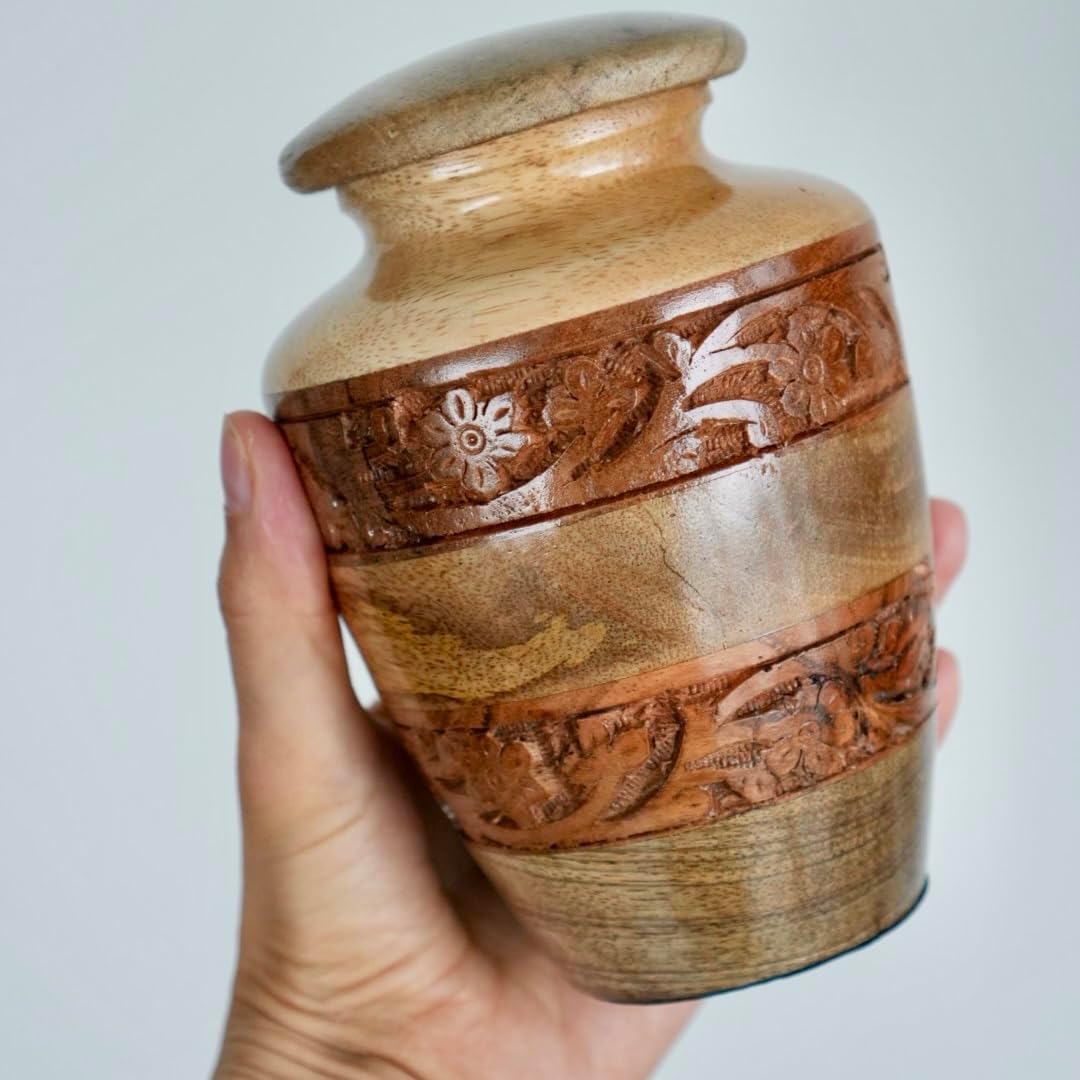 Wooden Cremation Urns for Human Ashes - Decorative Urn for Ashes for Women & Men - Handcrafted Burial and Funeral Urn with Carving 6''