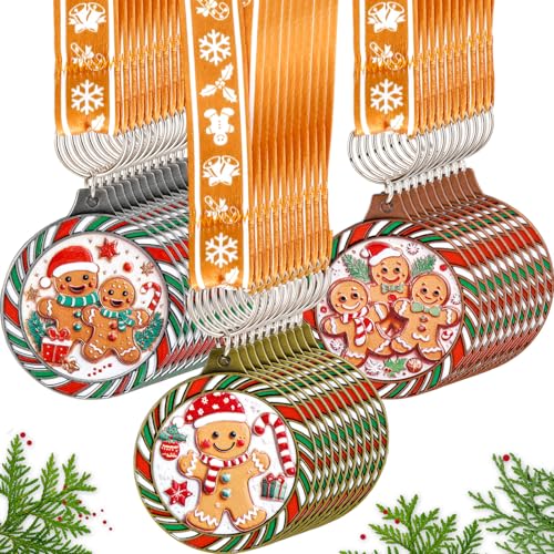 Cunno 36 Pcs Christmas Contest Award Medals 2'' Gingerbread Trophy Awards with Ribbons Alloy Xmas Trophy Medal for Winter Christmas Party Birthday Celebrations Competitions Gift(Paint Colors)