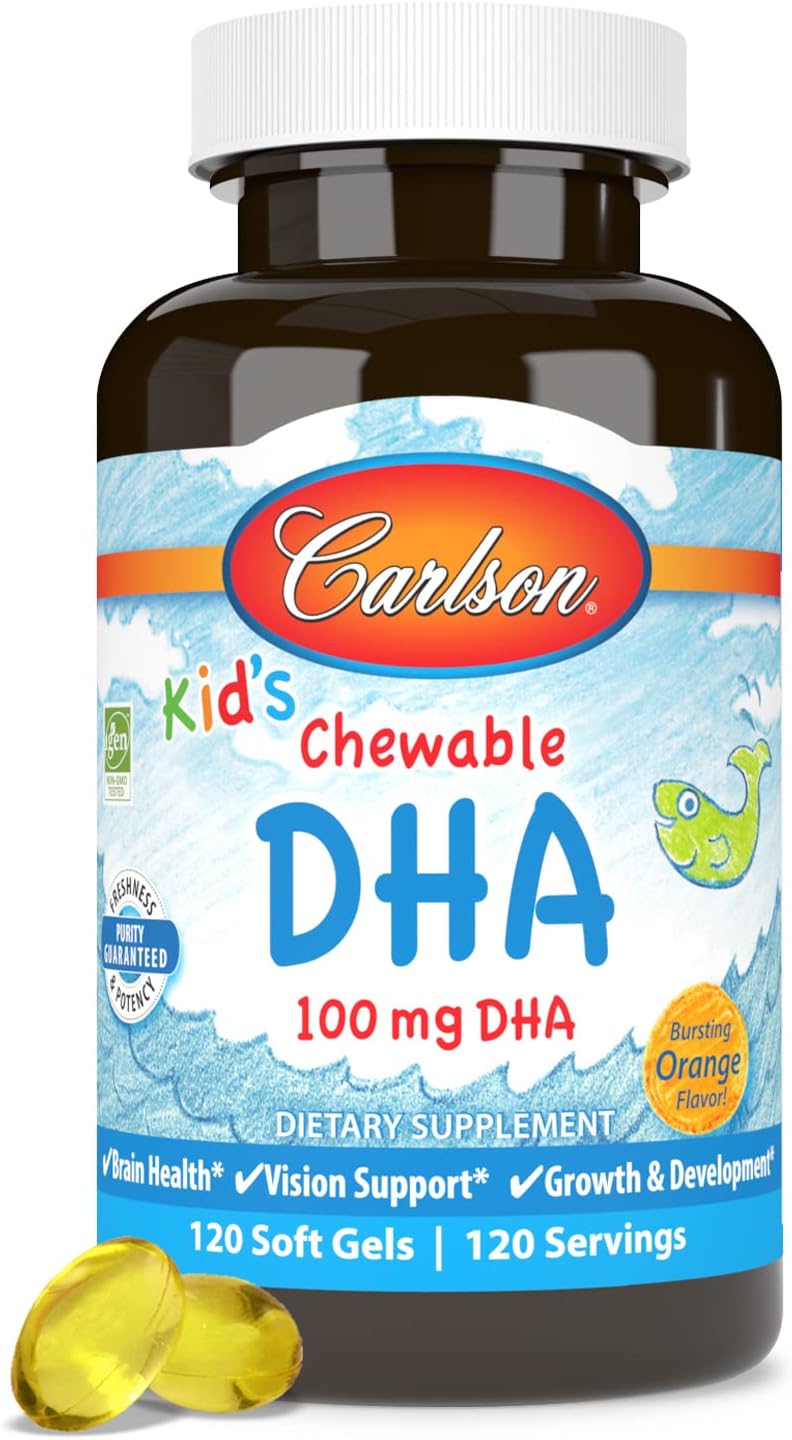 Carlson - Kid's Chewable DHA, 100 mg DHA, Brain Health, Vision Function, Growth & Development, Orange, 120 Chewable Softgels