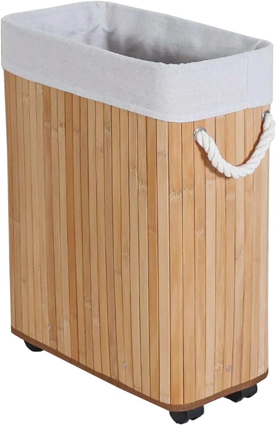 Made of Bamboo Yoga Mat Storage Bin, Easy to Move Home Gym Storage Rack with Handles/4 Wheels for Foam Roller Badminton Racket Toys Clothes, Fitness Mats Hamper(ligjt Grey)