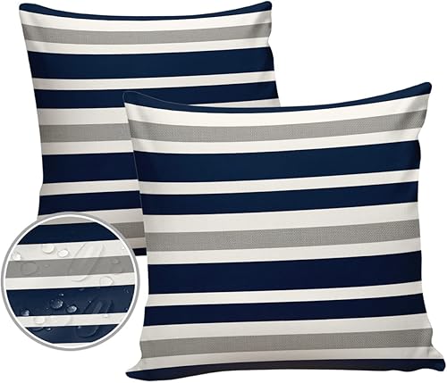 Fundas de almohada impermeables para exteriores, 16 x 16 pulgadas, cojines azul marino para sillas de muebles de jardín, patio, juego de 2, rayas