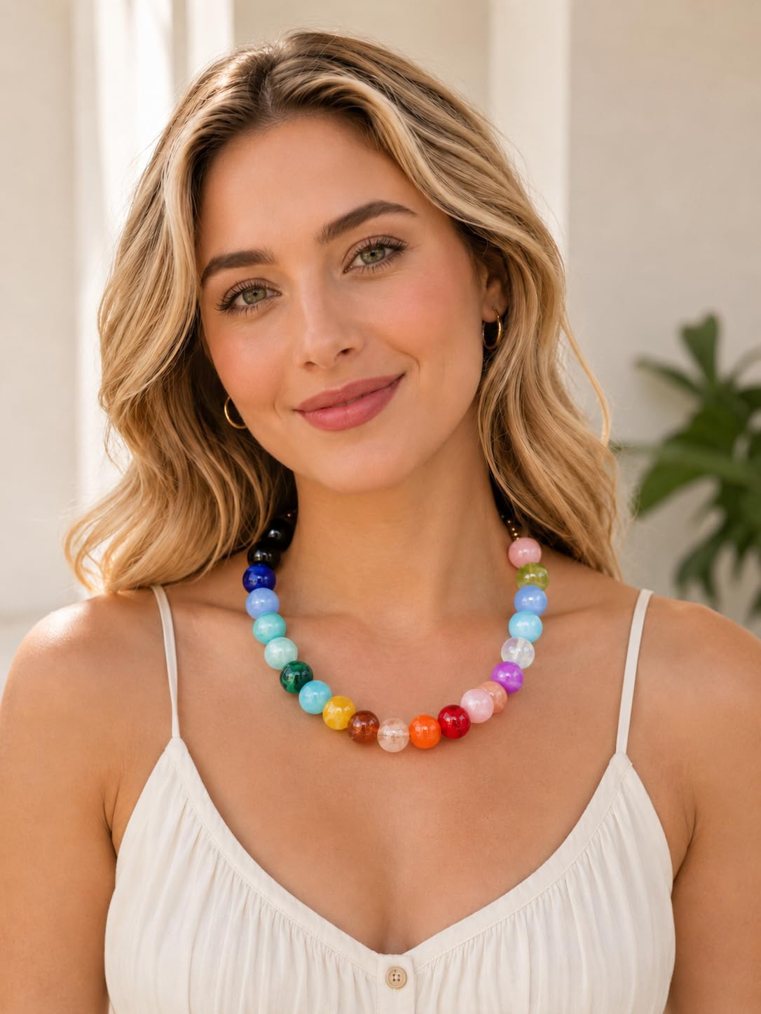 Colorful Beaded Necklace for Women, Stainless Steel Adjustable Chunky Acrylic Ball Necklace, Non Tarnish Vibrant Statement Jewelry, Summer Gift for Her