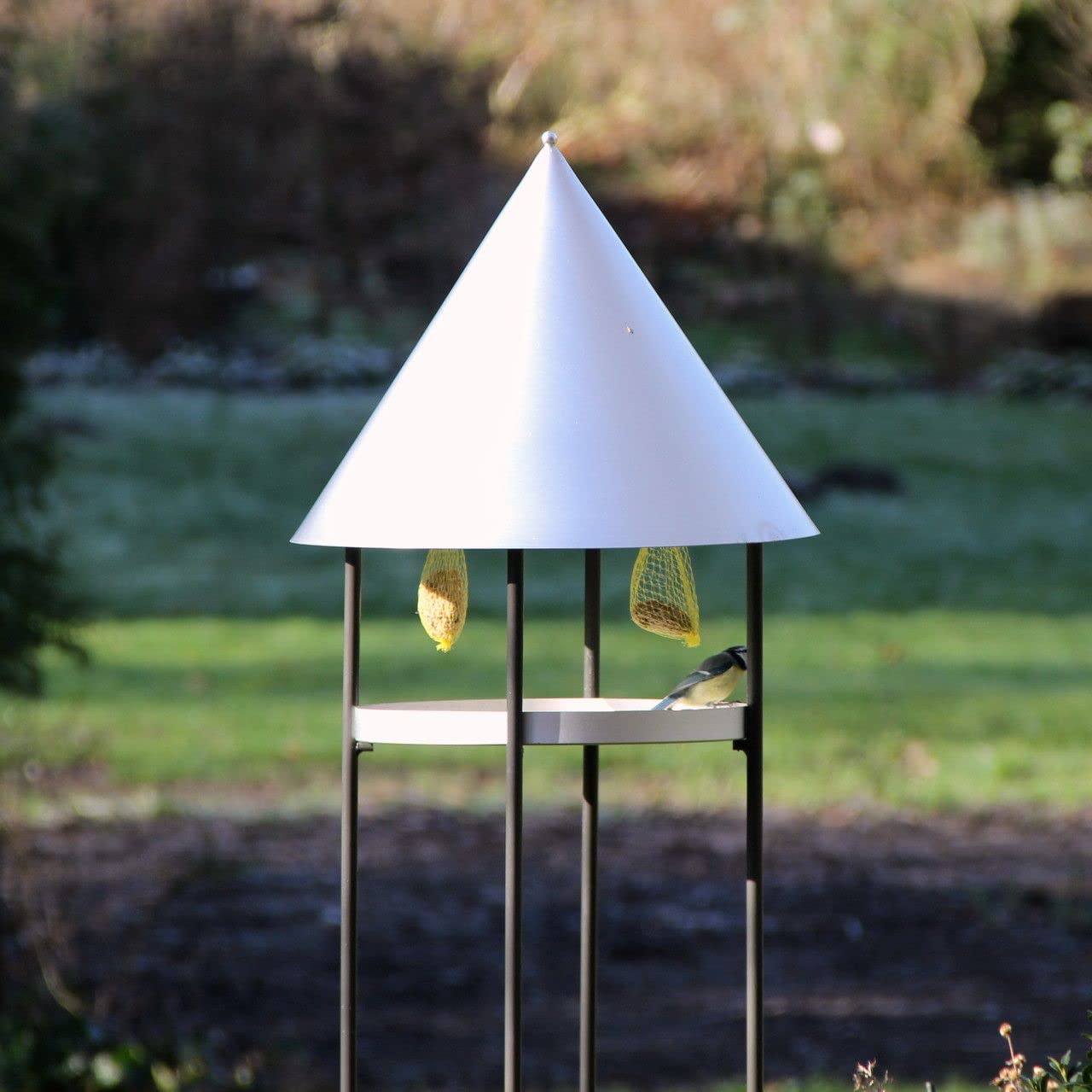 Videx Vogelhaus Pavillon mit Ständer Metall | Aluminium-Dach matt gebürstet | Vogelfutterstation modern | 175 cm hohe Futterstation Wildvögel, wetterfest