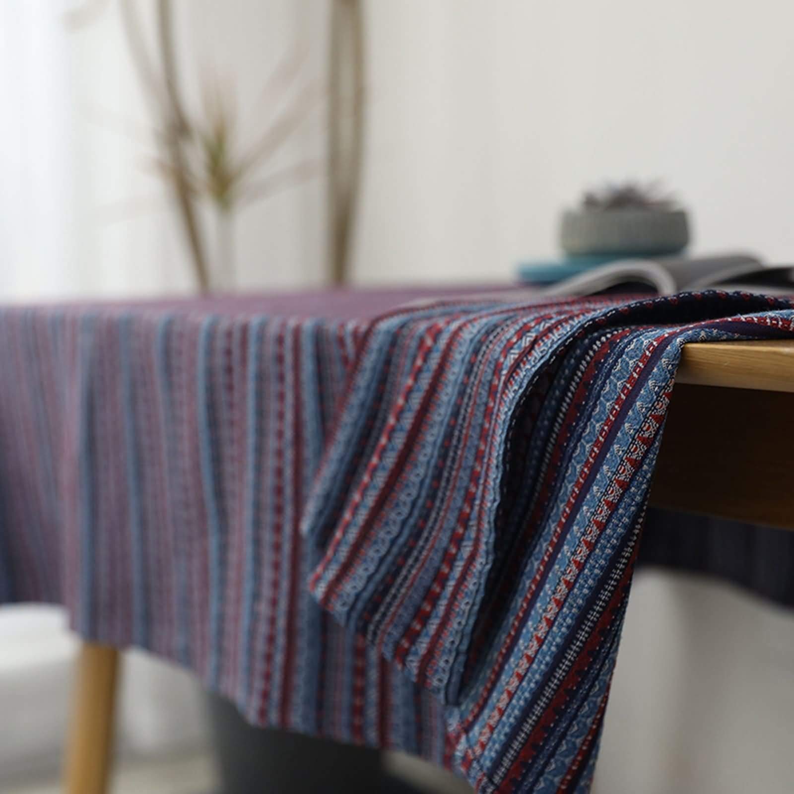 Mantel Antimanchas y Lavable Rectangular Azul Púrpura Mesa, Rayas, de Algodón Lavable, 145 x 220 cm, Mantel para Mesa de Centro