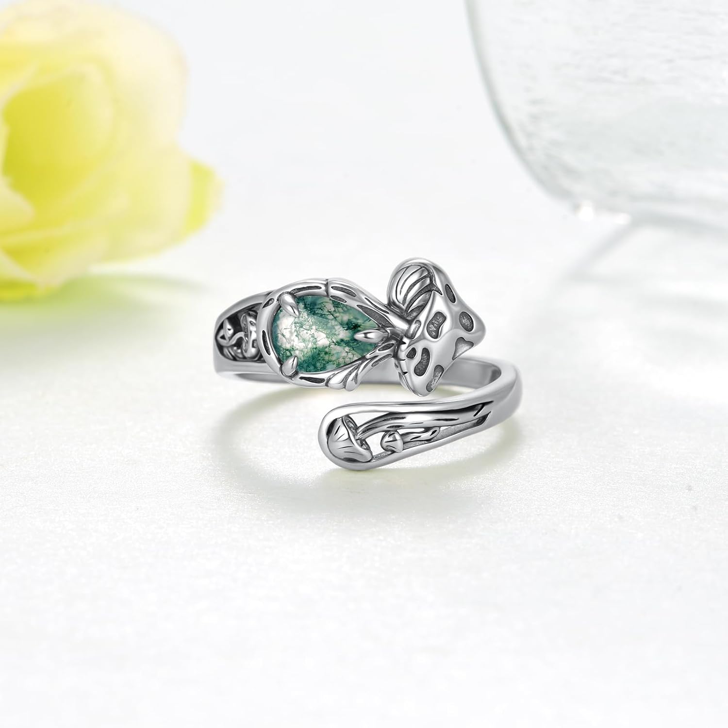 Mushroom Spoon Rings for Women 925 Sterling Silver Moss Agate Mushroom Ring Vintage Thumb Ring Jewelry for Women - Image 2