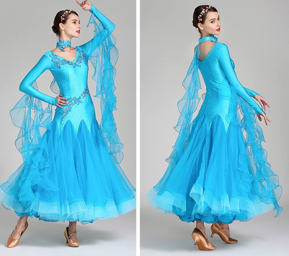 Robes Danse Salon pour Femmes,Robe compétition Valse Foxtrot brodée au Diamant exquise, Robe de Danse de Danse Moderne à Manches Longues