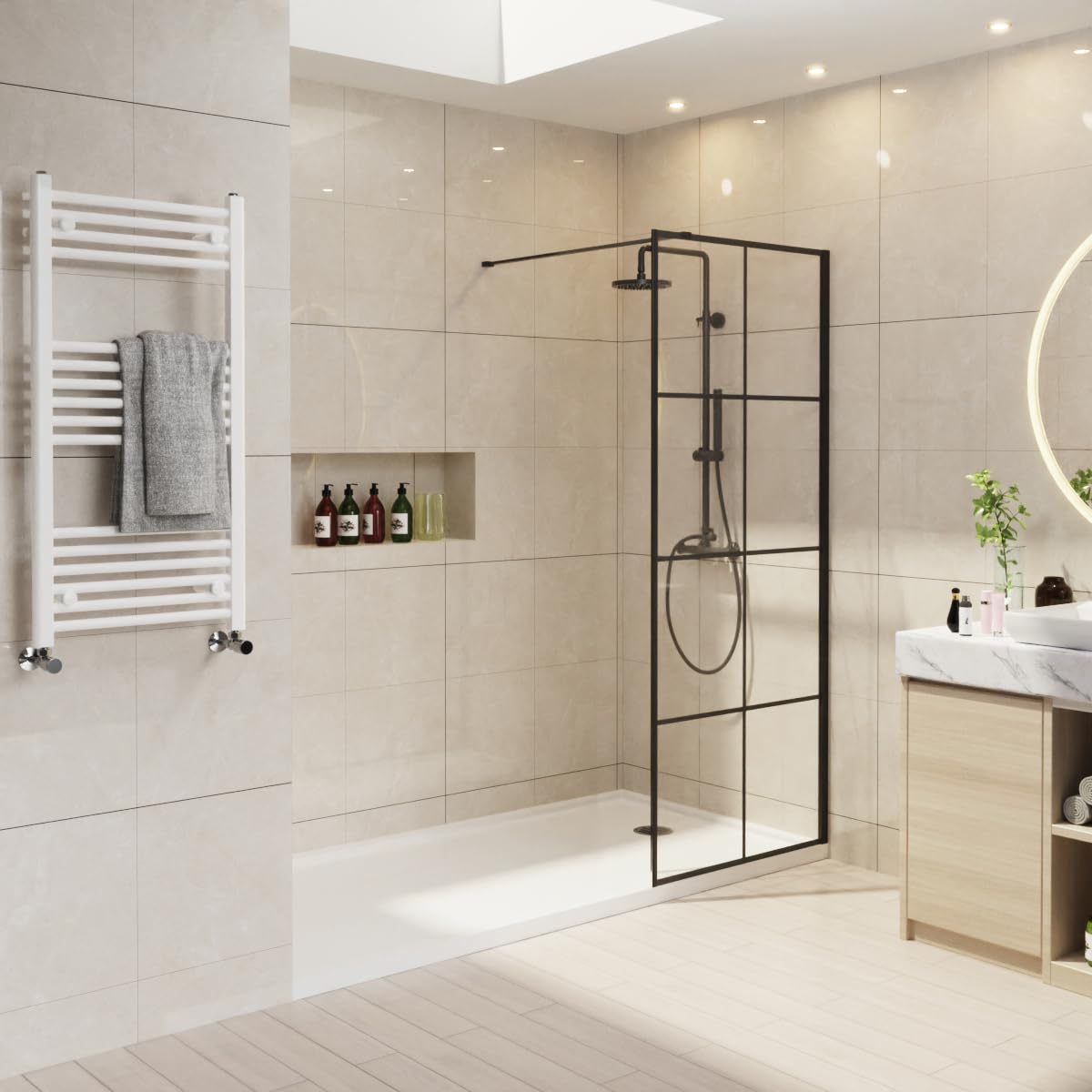 NRG 760 x 1950mm Wetroom Screen Wet Room Shower Enclosure Black Grid Framed Shower Screen Panel 8mm Easy Clean Glass
