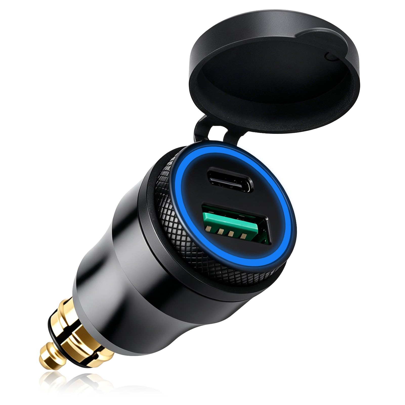 30W Cargador Enchufe DIN para Motocicleta Aluminium Admite Carga Rápida Type C & USB A Integra un Indicador LED de Energía a Prueba de Agua para 12V-24V BMW Ducati Triumph