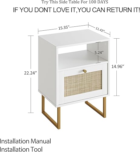 Miniatura 41 de Masupu Mesita de noche de ratán con estación de carga, moderna mesita de noche de madera bohemia con cajón de almacenamiento y estante abierto, mesa