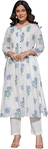 INDO ERA Women's Pure Cotton Printed A-Line Kurta & Pant Set (IEOUT10124)
