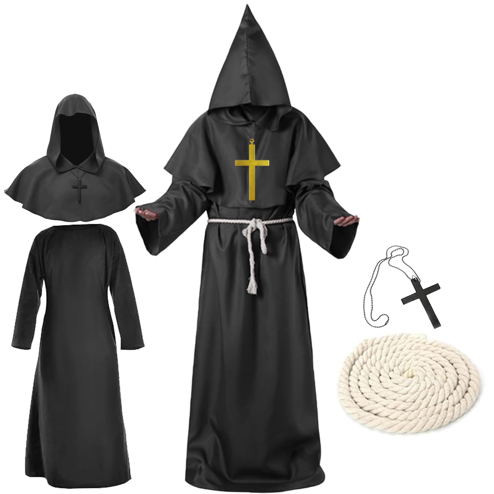 Kostium mnicha, kostium kapłana męski, szata średniowieczna czapka mnicha na Halloween, karnawał, kostium męski z kapturem i paskiem linowym