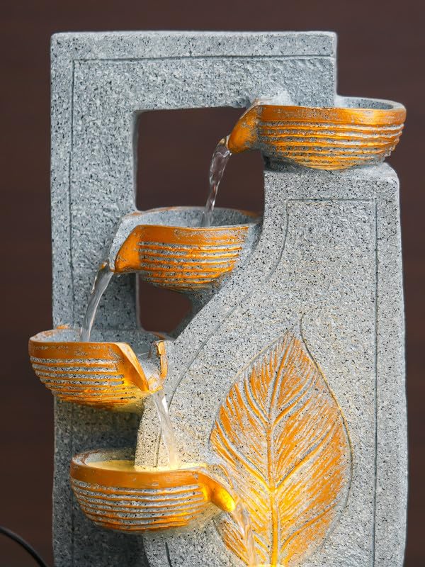 Image of Polyresin Table Top Grey 4 Diya Steps & Green Leaf Design Indoor Waterfall Fountain for Home Decor with LED Lights & Speed Controller Pump (Size: 40 x 29.5 x 22CM | Weight: 2250grm)