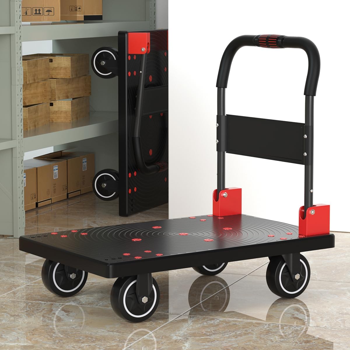 WUD Heavy-Duty Folding Platform Cart – Reinforced 35.4″ × 23.6″, 1323 lb Capacity, 360° Swivel Wheels, Black