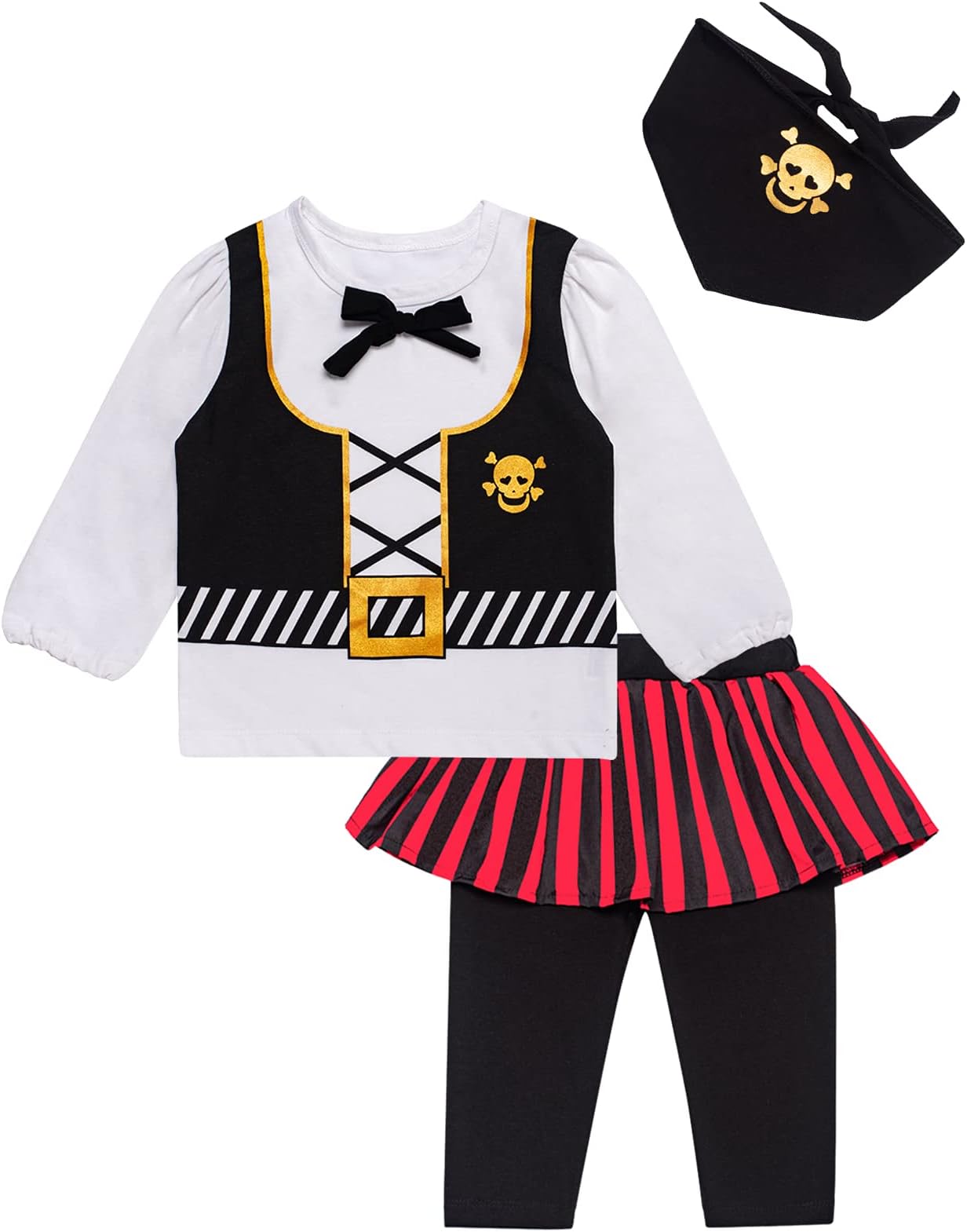 3PC Toddler Baby Girl Outfits Halloween Costume Stripe Skirt Kid Pirate Long Sleeve with Head Scarf