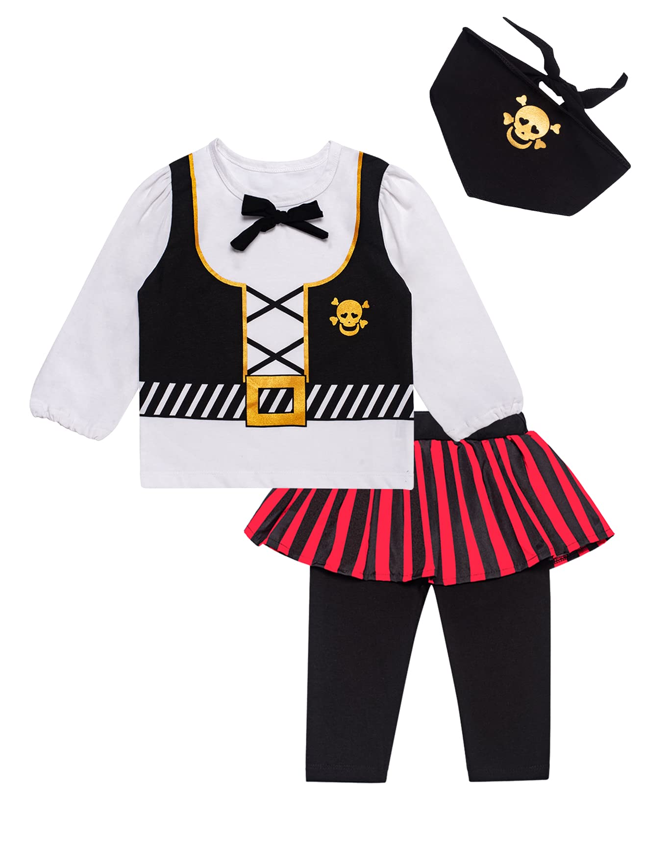 3PC Toddler Baby Girl Outfits Halloween Costume Stripe Skirt Kid Pirate Long Sleeve with Head Scarf