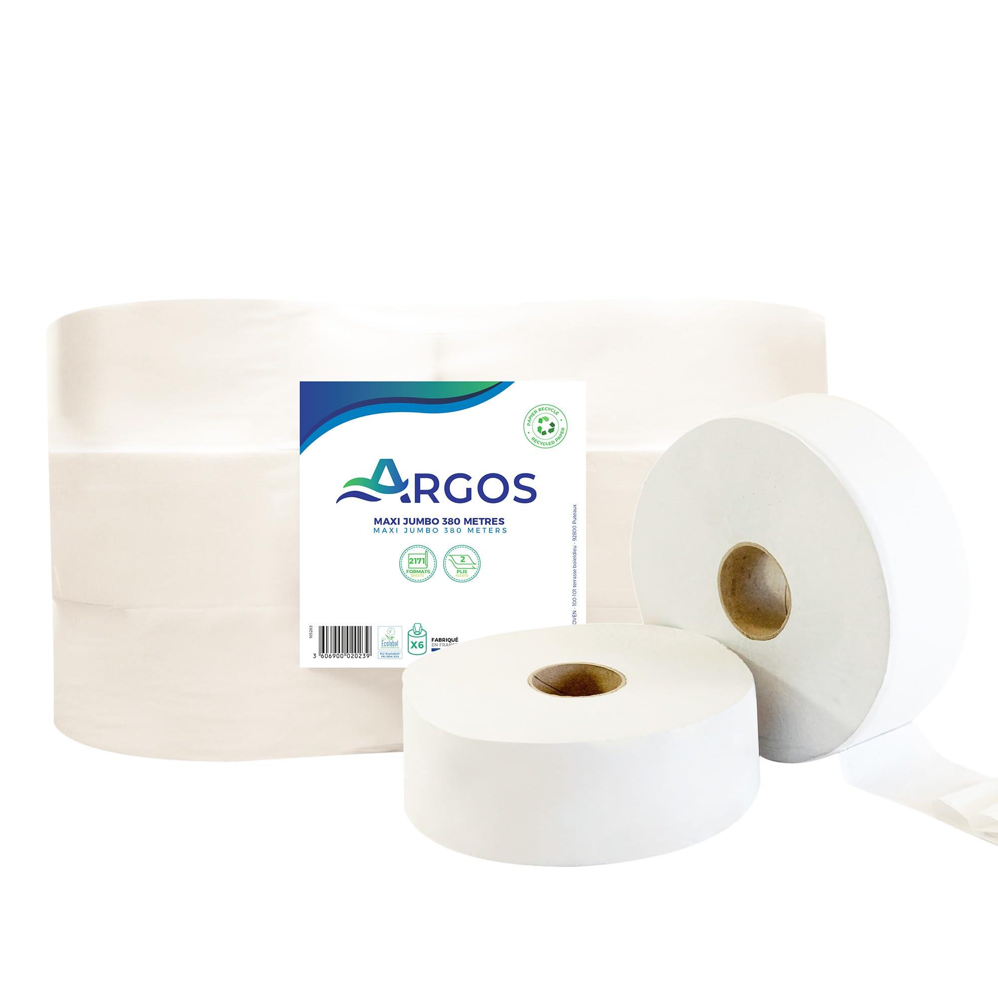 ARGOS - Papier toilette - Maxi jumbo - Cellulose recyclée - Absorption optimale - Ecolabel - 380M - Fabrication française - 6 Rouleaux