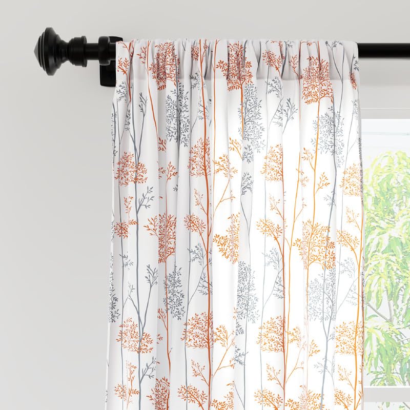 Encasa XO Window Curtain 5 ft Set of 2, Polyester Printed with Rod Pocket, Tie Back, Light-Filtering, Semi Sheer/Transparent Curtains- Kitchen, Bedroom, Living Room (140x152 cm), Orange Branches
