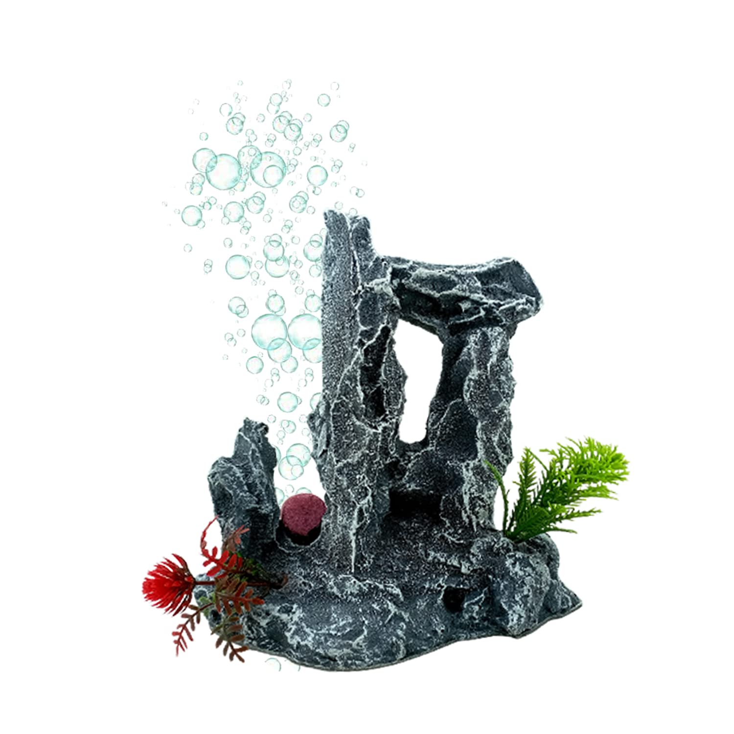 JAINSONS PET PRODUCTS | Aquarium Decoration with Air Stone | Resin Rock Ornament with Plants | Natural Look Fish Tank Ornament | 6 x 3 x 6.25 inch | Safe for Fresh & Saltwater