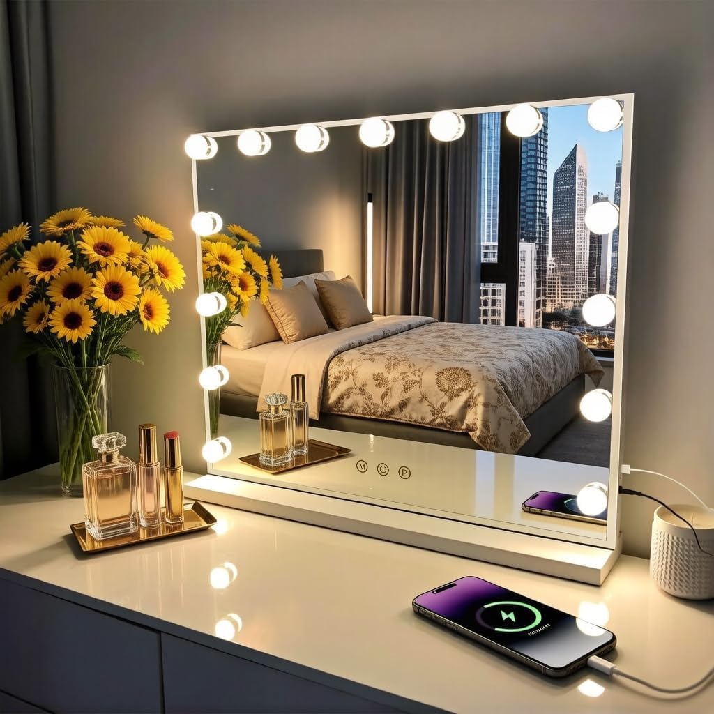 Kottova Vanity Mirror with Lights,Makeup Mirror with Lights, Hollywood Lighted Mirror with 15 Dimmable LED Bulbs,3 Colors Modes,Touch Control,USB Charging Port,Metal Frame,White-image-4