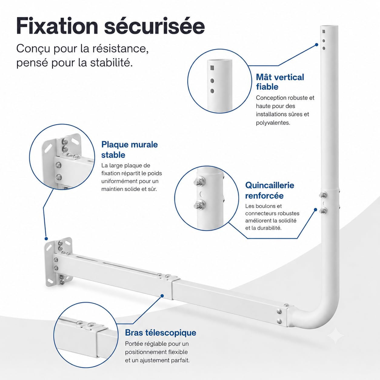 Mât d'antenne pour antennes TV, Satellite, Radio et Wi-FI | Longueur réglable (max. 83 cm), support mural robuste, support d'antenne, support d'antenne