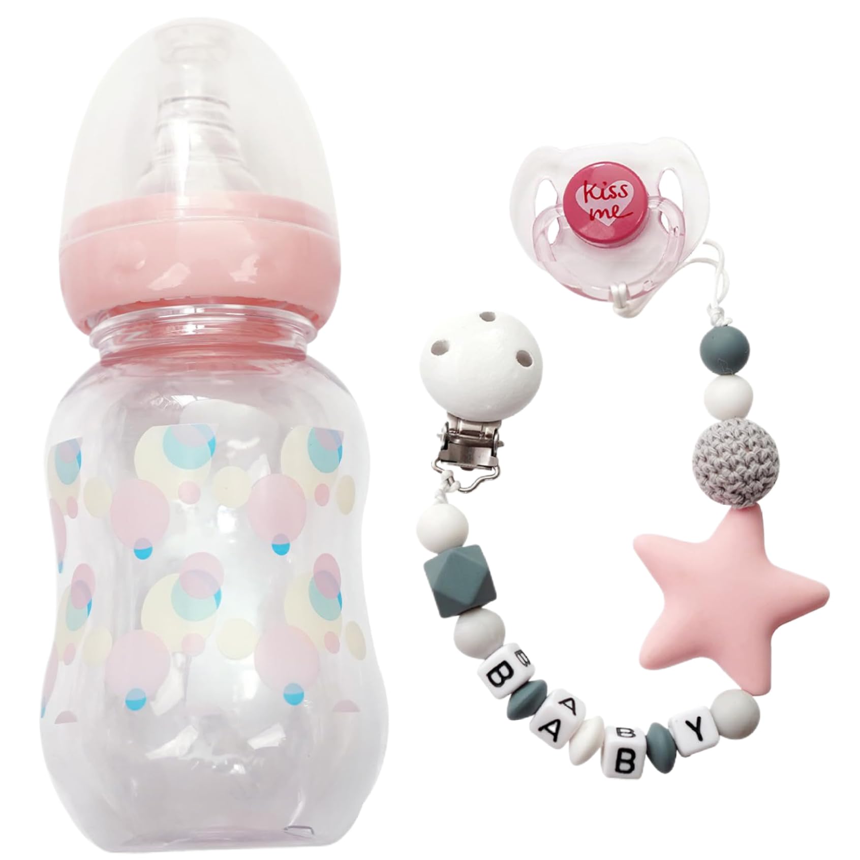 Suxdlan 3PCS Baby Doll Accessories Set Milk Bottle Pacifier Chain DIY Developmental