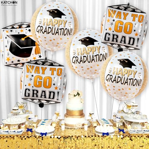 Image of Graduation Decorations 2026 | Graduation Balloons - Pack of 6 | Black and Gold Mylar Foil Balloons for Grad Decorations Class of 2026 | Graduation Party Supplies with Graduation Cap Balloon, KatchOn