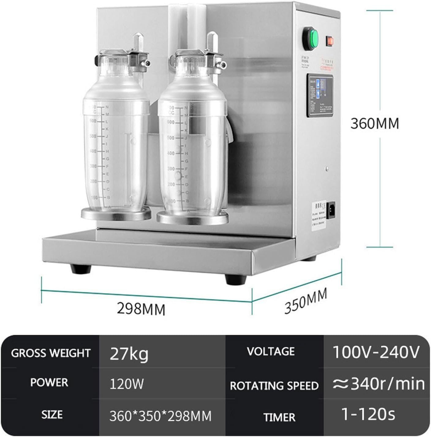 Professionelle Milchtee-Shaker-Maschine, Automatischer Doppelbecher Elektromixer, Edelstahl 120W Motor für Bubble Tea, Cocktails, Kaffee & Saft, 400 U/min, 1000ml
