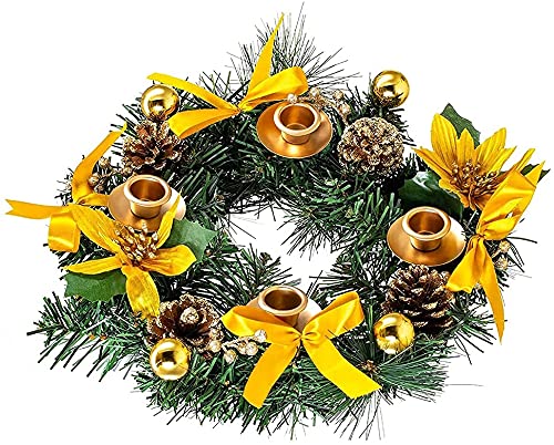 Famiworths12 Inch Gold Christmas Advent Wreath Decoration 4 Candles Holder Christmas Centerpiece Table Decorations With 4 Golden Pine Cone 4 Ribbon 4 Glitter Poinsettia 12 Gold Berry 6 Ball #TOP3