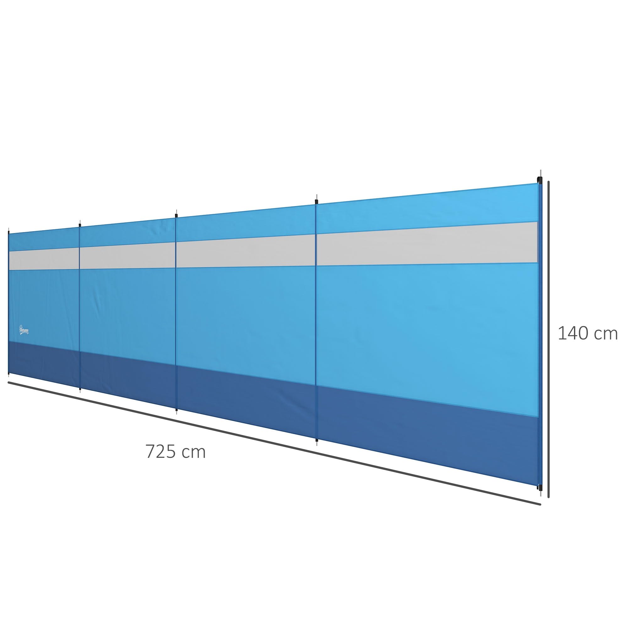Outsunny Cortavientos para Camping de 4 Paneles, 725x140 cm, Paravientos Playa Impermeable con Postes de Acero, Panel Superior Transparente, Bolsa de Transporte y Estacas, para Playa y Jardín, Azul