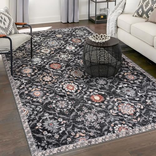 KILOCOCO 5x7 Area Rug, Moroccan Super Soft Washable Living Room Vintage Rug, Non-Slip Large Print Faux Wool Throw Indoor Rug for Entryway Bedroom Office Carpet, Charcoal/Multi