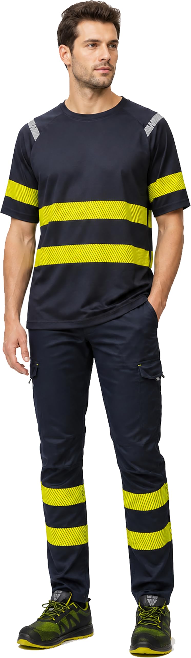WORKTEAM Pantalón Slim Fit de Alta Visibilidad con Cintas Reflectantes discontinuas, Multibolsillos y Tejido elástico en 4 direcciones, EN ISO 20471. Unisex