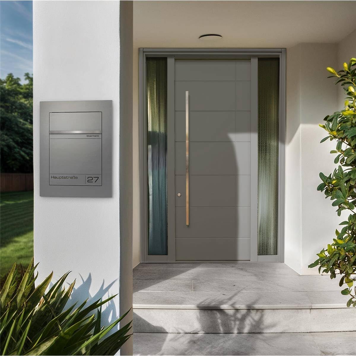 Metzler Recessed Mailbox installed next to a modern front door, showing its integration into the building's facade.