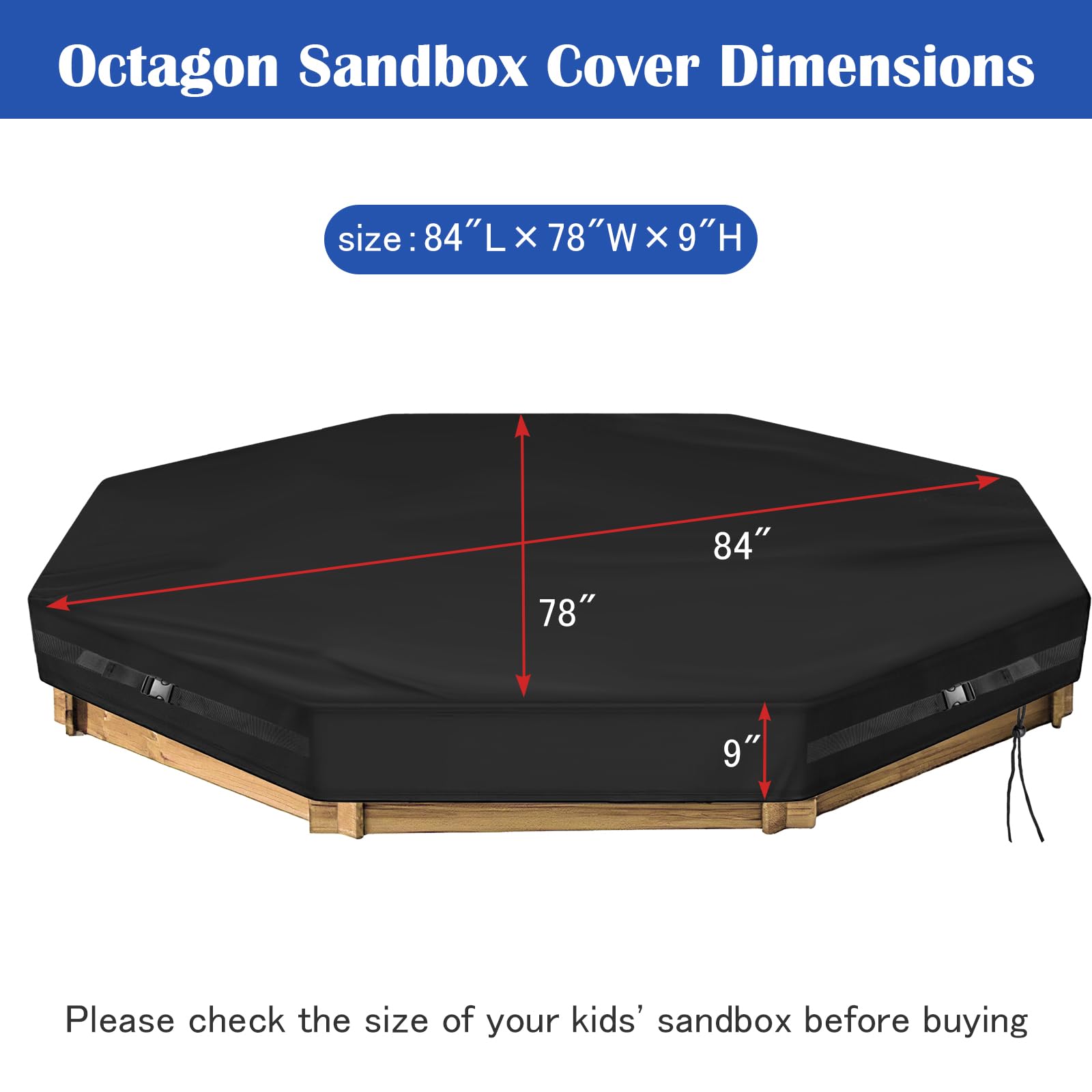 Kasla Octagon Sandbox Cover, 500D Oxford Cloth Waterproof, Fits Large Sand Pit & Outdoor Wooden Sandbox for Toddlers Patio Backyard Garden Play (Black, 84