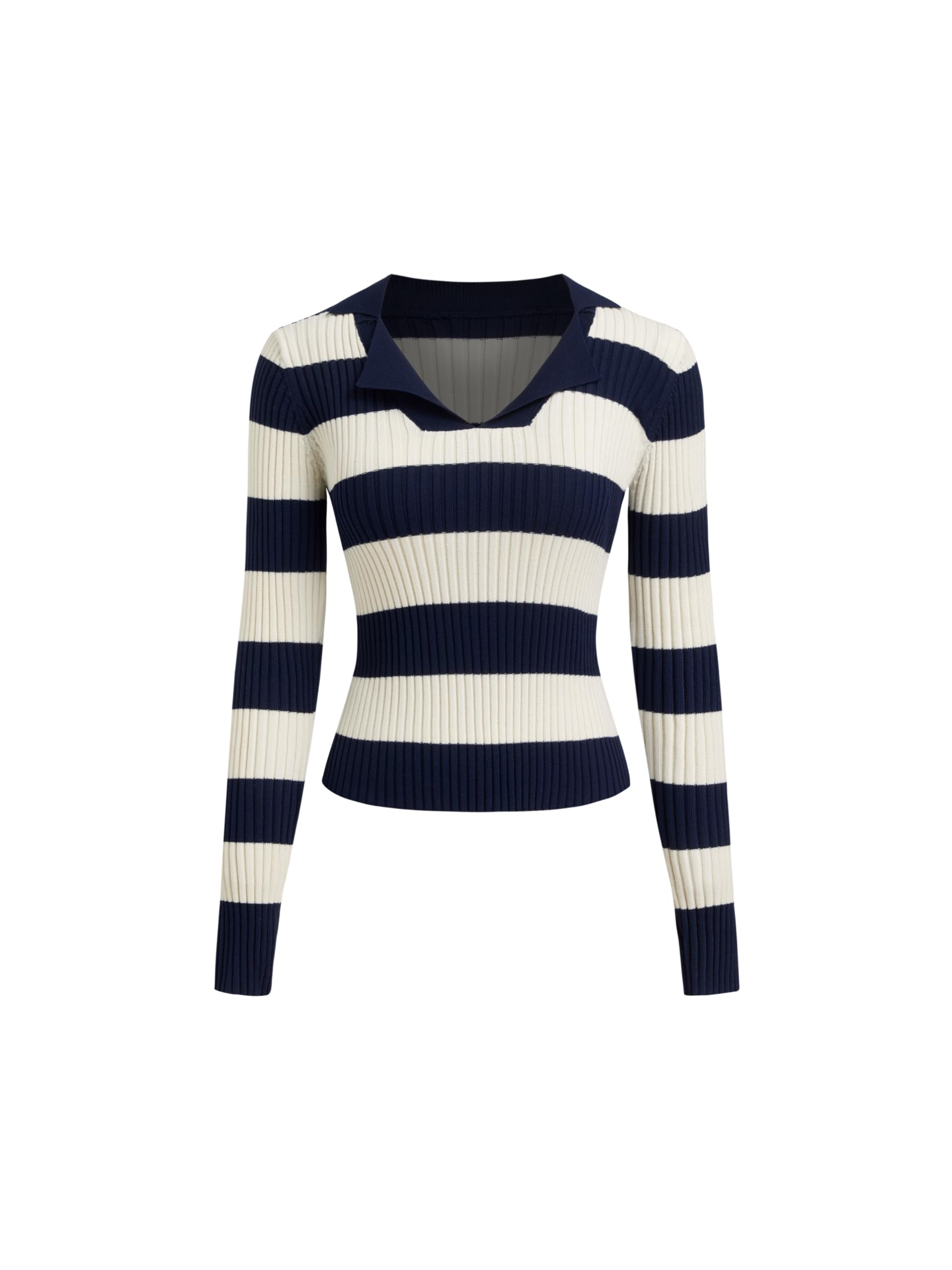 CIDER Womens 2025 Fall V Neck Long Sleeve Striped Sweater Slim Fitted Ribbed Knit Casual Pullover Polo Sweater
